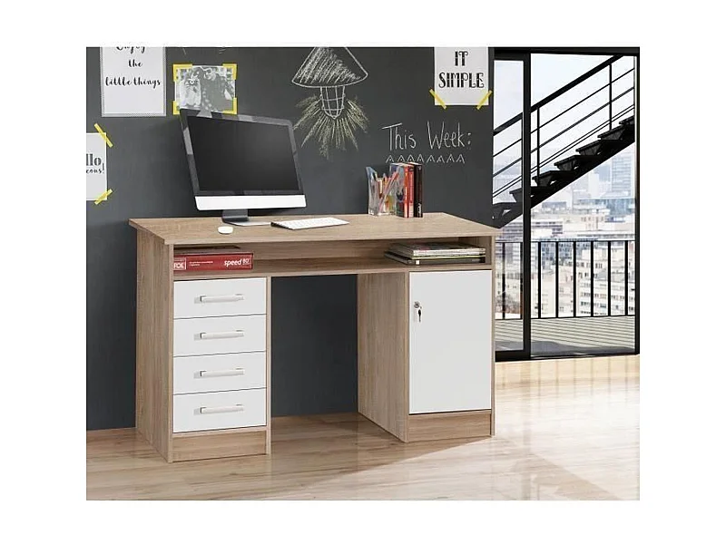 Moderner Schreibtisch ALICANTE Eiche und Weiß 126 cm mit 1 Tür, 4 Schubladen und Ablagefach