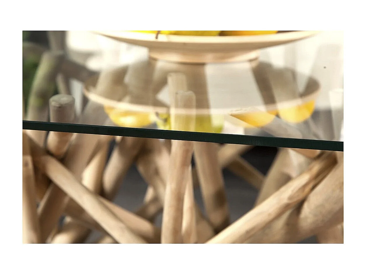 Table basse WOODEN carrée 80 cm – Table basse design en bois flotté et verre trempé