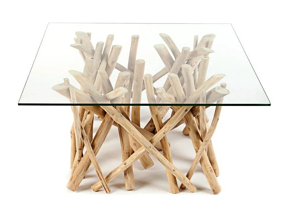 WOODEN vierkante salontafel 80 cm - Design salontafel van drijfhout en gehard glas
