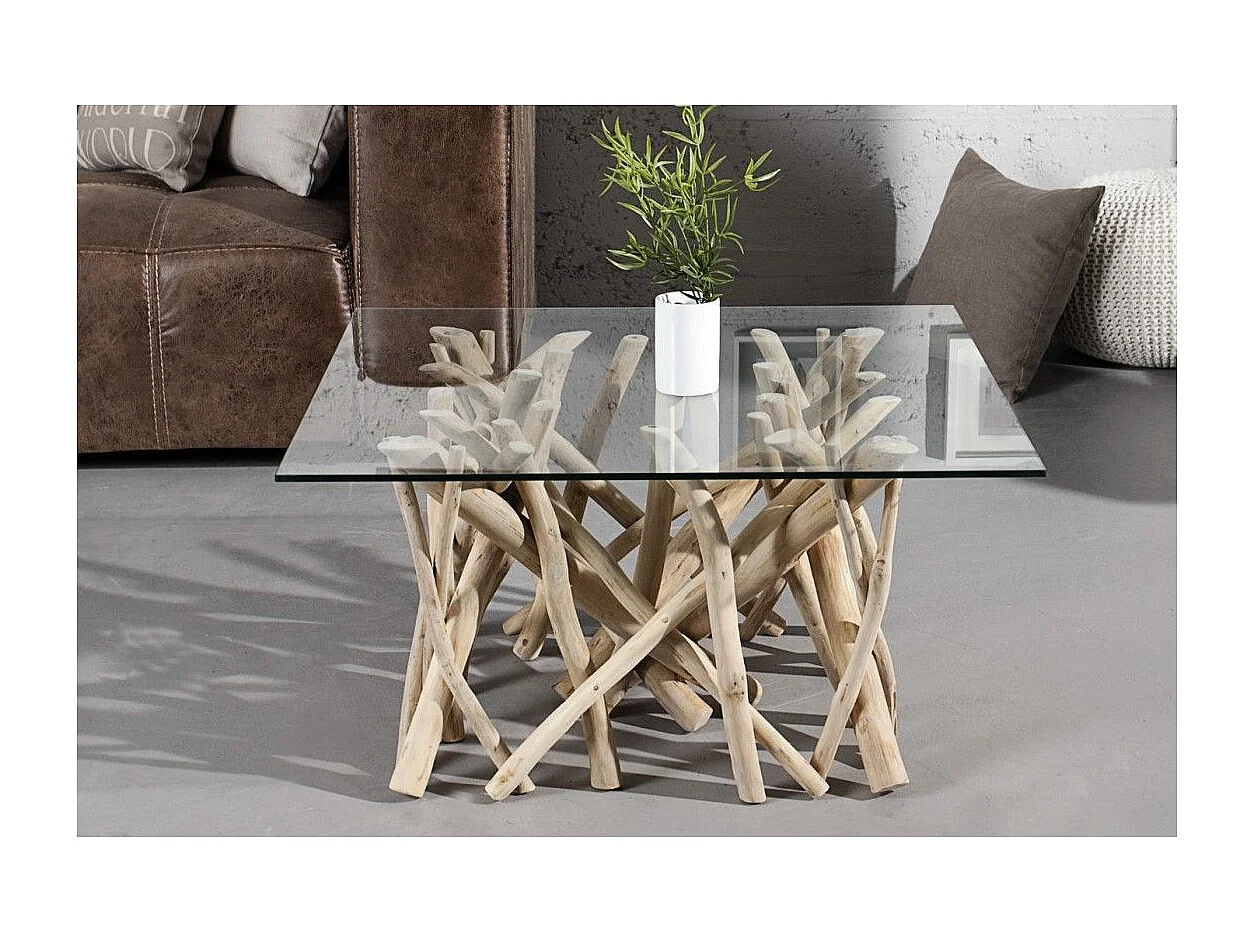 WOODEN vierkante salontafel 80 cm - Design salontafel van drijfhout en gehard glas