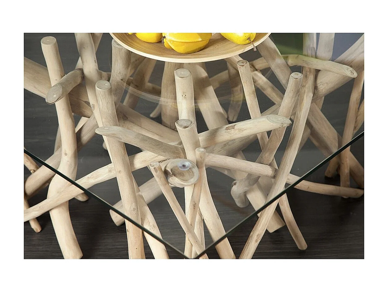 WOODEN vierkante salontafel 80 cm - Design salontafel van drijfhout en gehard glas