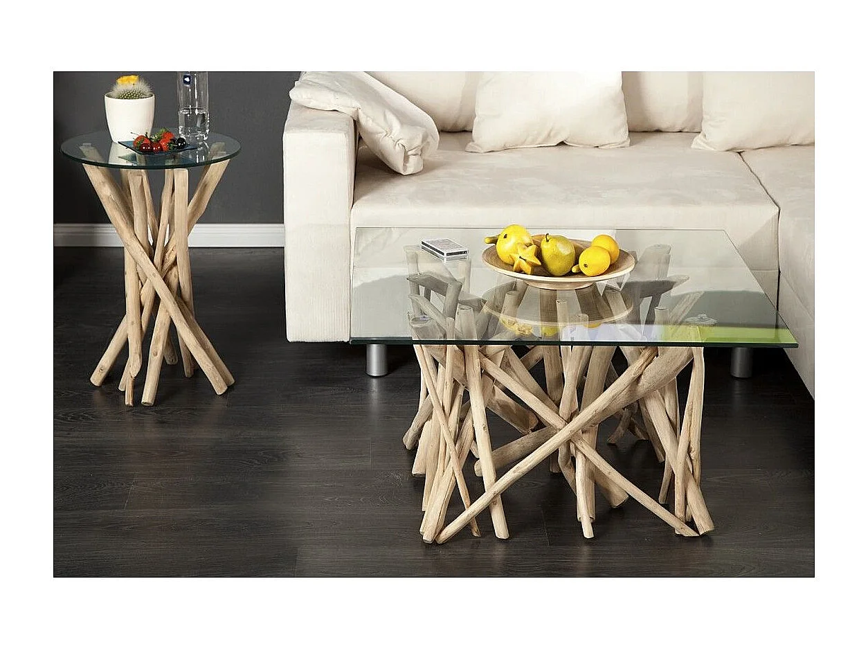 Table basse WOODEN carrée 80 cm – Table basse design en bois flotté et verre trempé