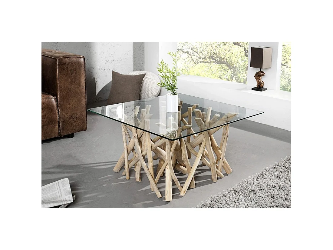 Quadratischer Couchtisch WOODEN 80 cm – Design-Couchtisch aus Treibholz und gehärtetem Glas