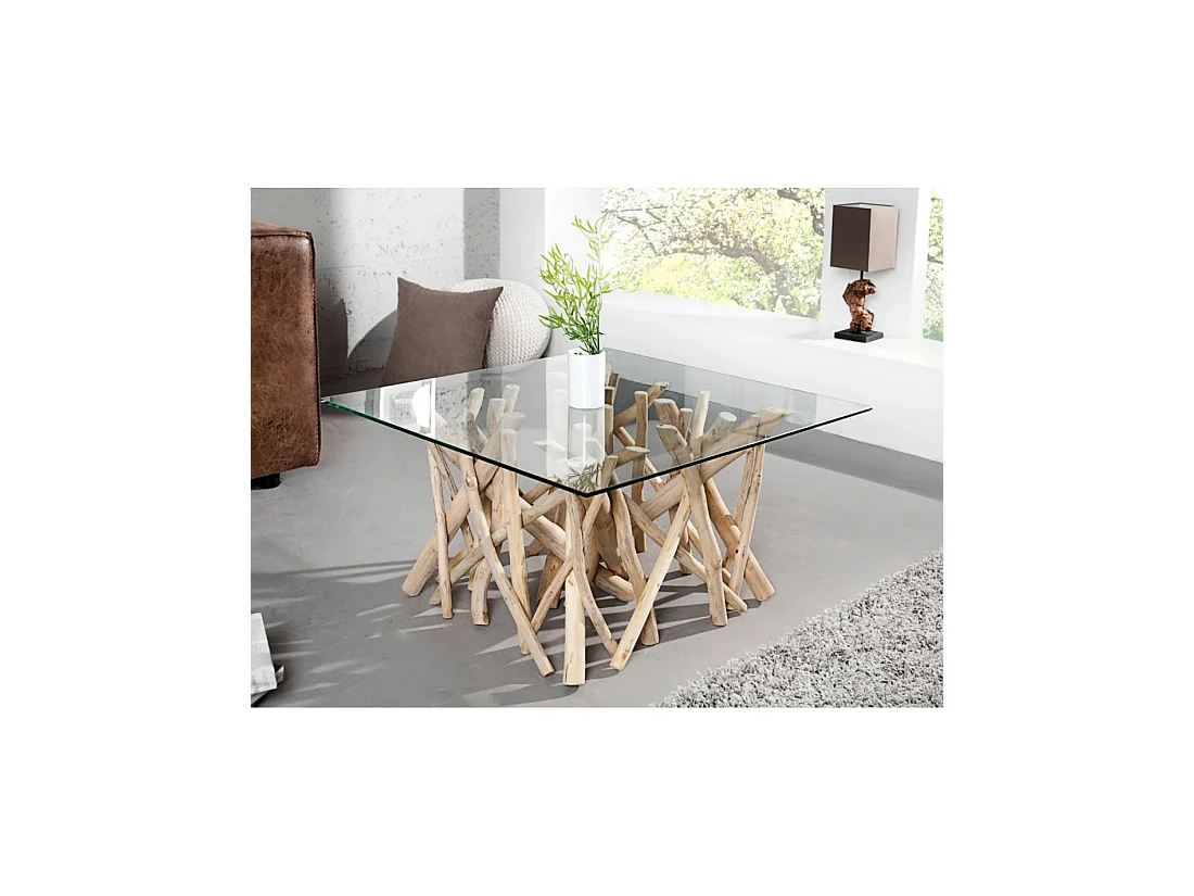 Table basse WOODEN carrée 80 cm – Table basse design en bois flotté et verre trempé
