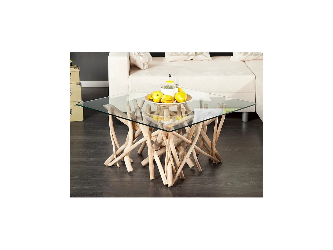 Table basse WOODEN carrée 80 cm – Table basse design en bois flotté et verre trempé