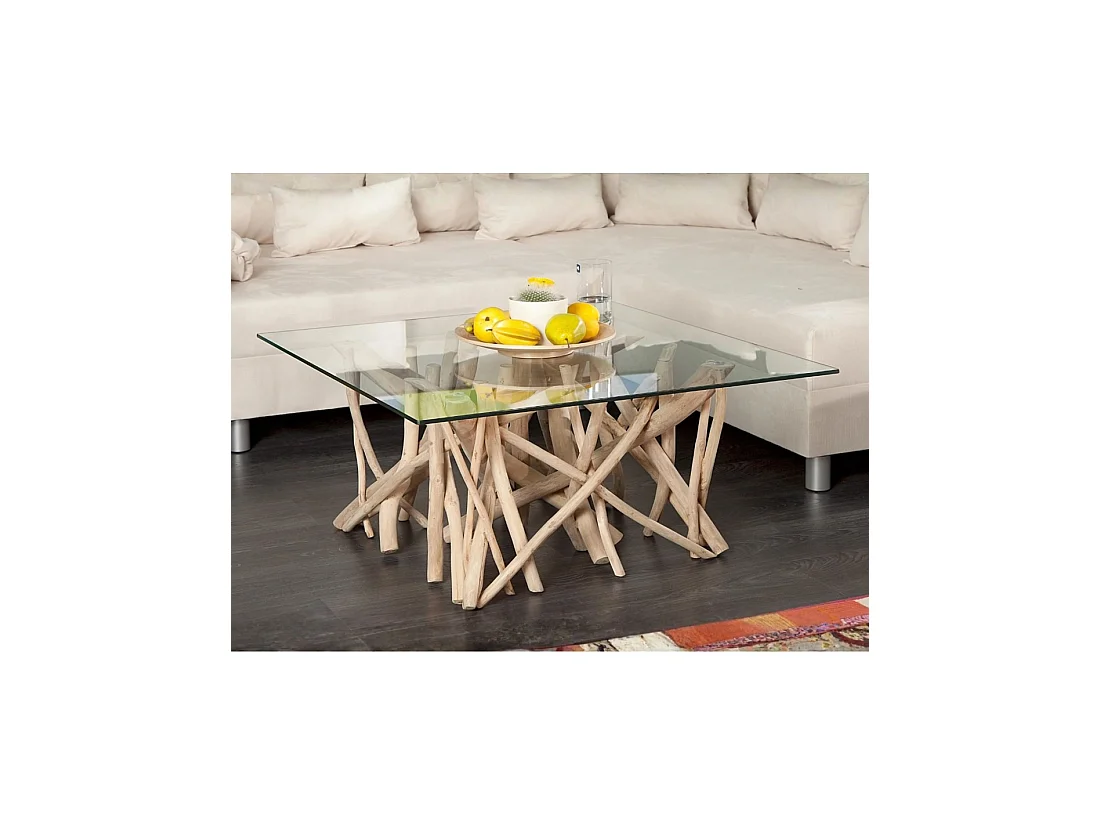 Table basse WOODEN carrée 80 cm – Table basse design en bois flotté et verre trempé