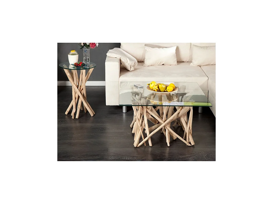 Table basse WOODEN carrée 80 cm – Table basse design en bois flotté et verre trempé