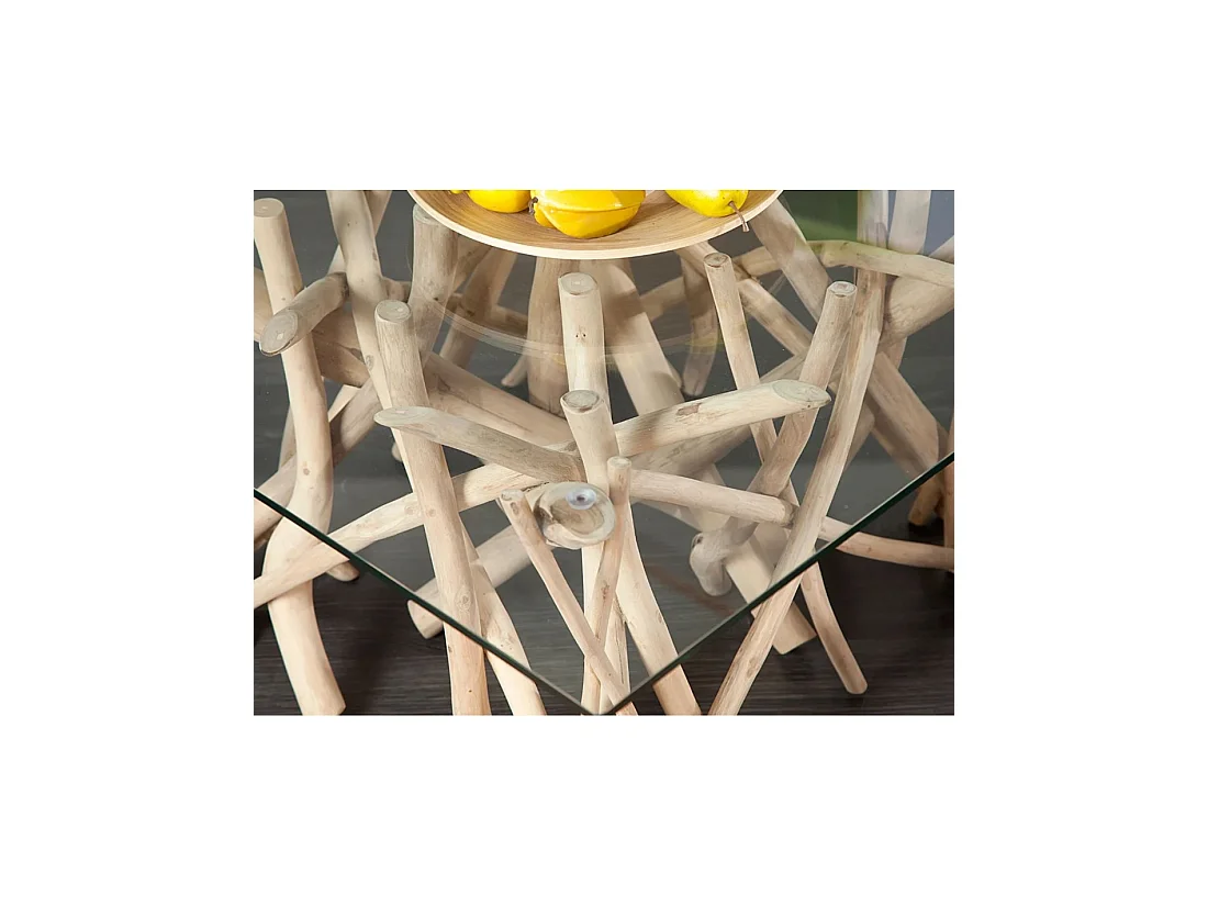 Table basse WOODEN carrée 80 cm – Table basse design en bois flotté et verre trempé