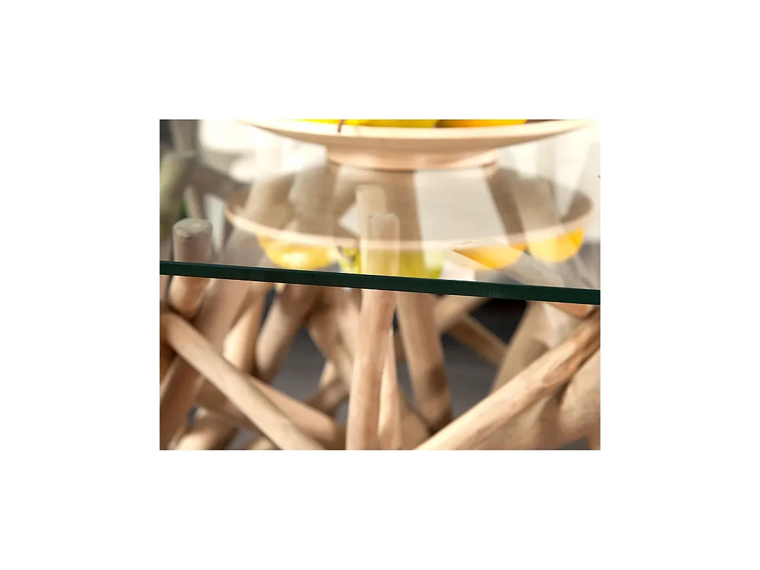 Table basse WOODEN carrée 80 cm – Table basse design en bois flotté et verre trempé