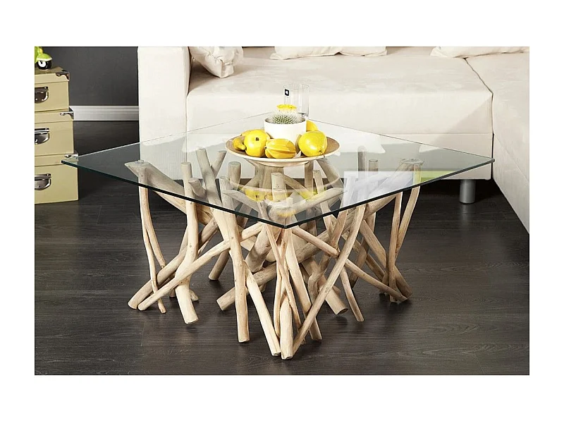 Mesa baja WOODEN cuadrada 80 cm – Mesa baja de diseño en madera flotante y vidrio templado