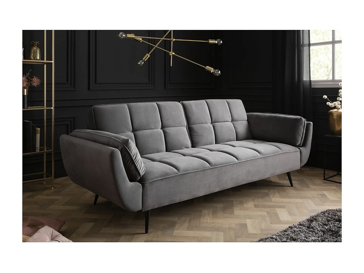 Canapé droit NEVISI gris – Canapé scandinave convertible en velours avec pieds en métal noir