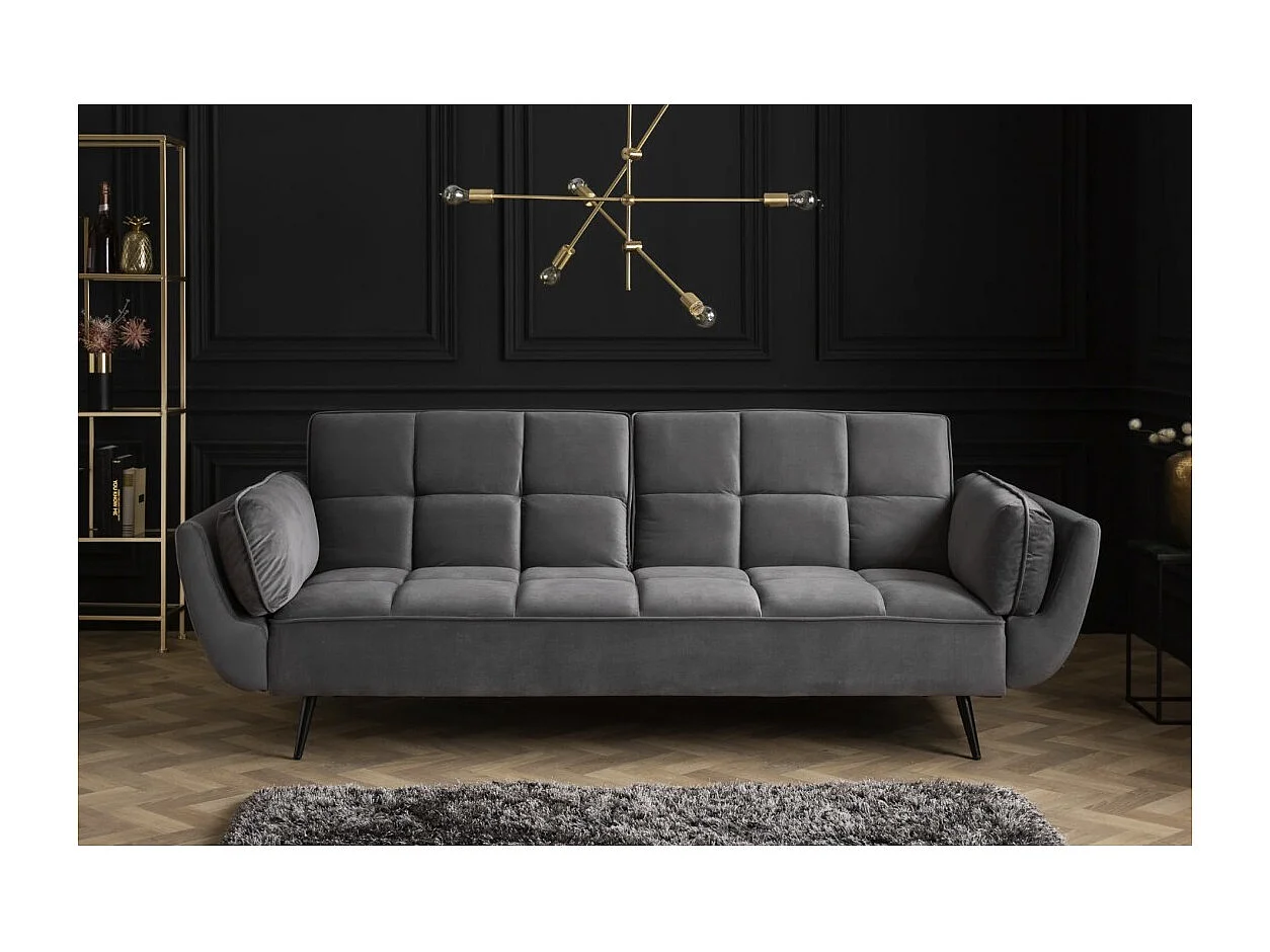 Canapé droit NEVISI gris – Canapé scandinave convertible en velours avec pieds en métal noir