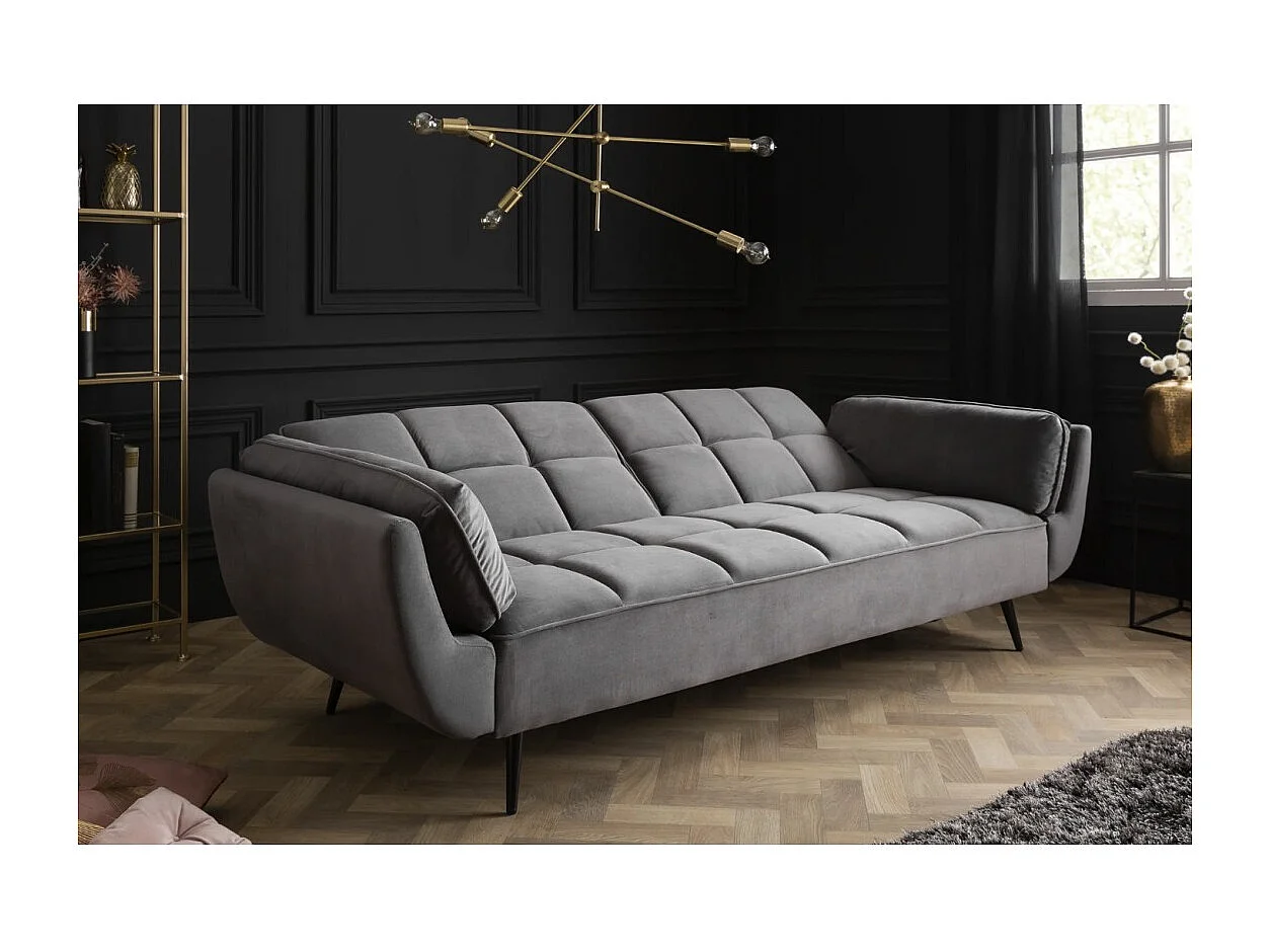 Canapé droit NEVISI gris – Canapé scandinave convertible en velours avec pieds en métal noir