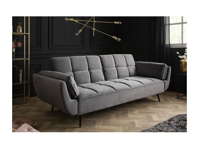 Canapé droit NEVISI gris – Canapé scandinave convertible en velours avec pieds en métal noir