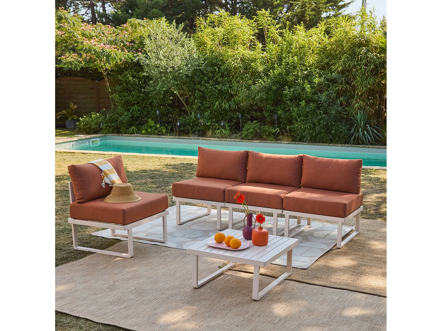 Salotto da giardino modulare in alluminio, 4 posti, terracotta