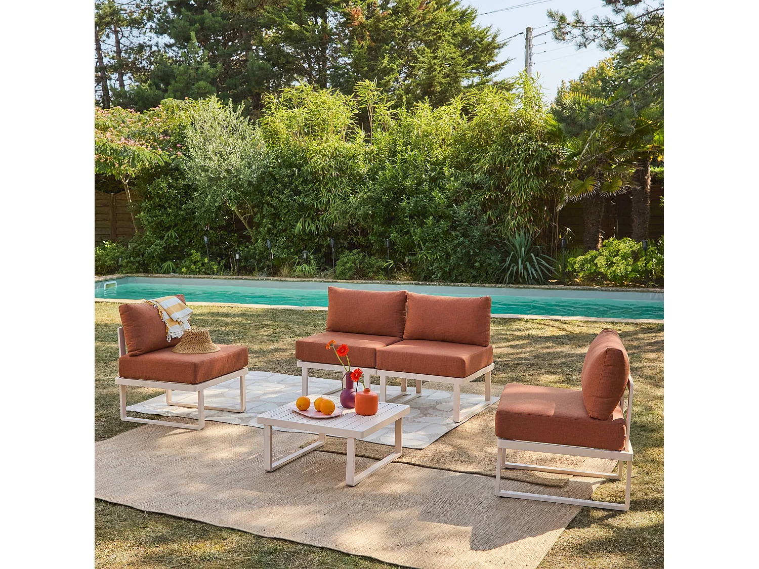 Salotto da giardino modulare in alluminio, 4 posti, terracotta