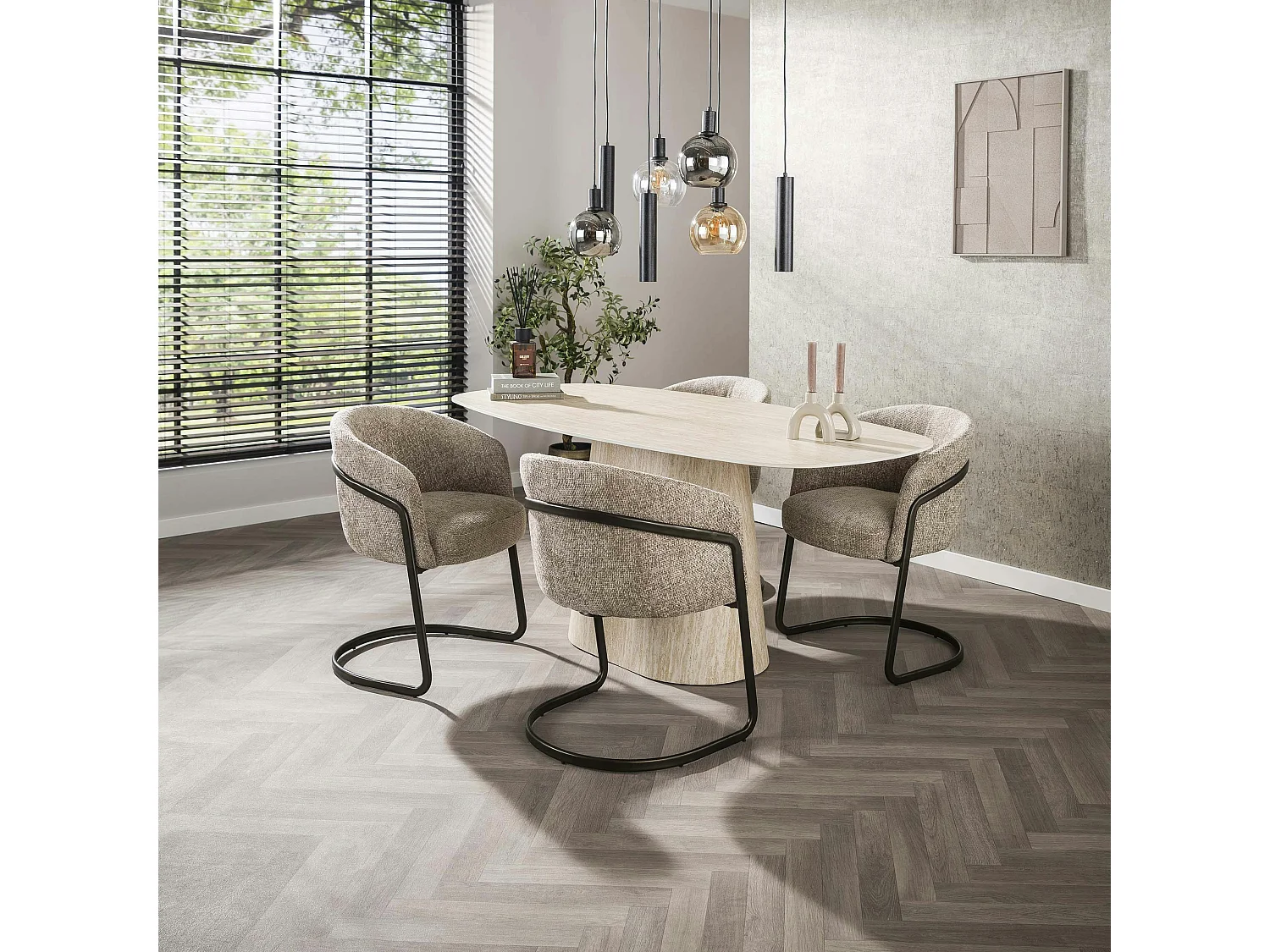 Fauteuil de table beige chenille pied luge bronze (lot de 2) ASCOLI