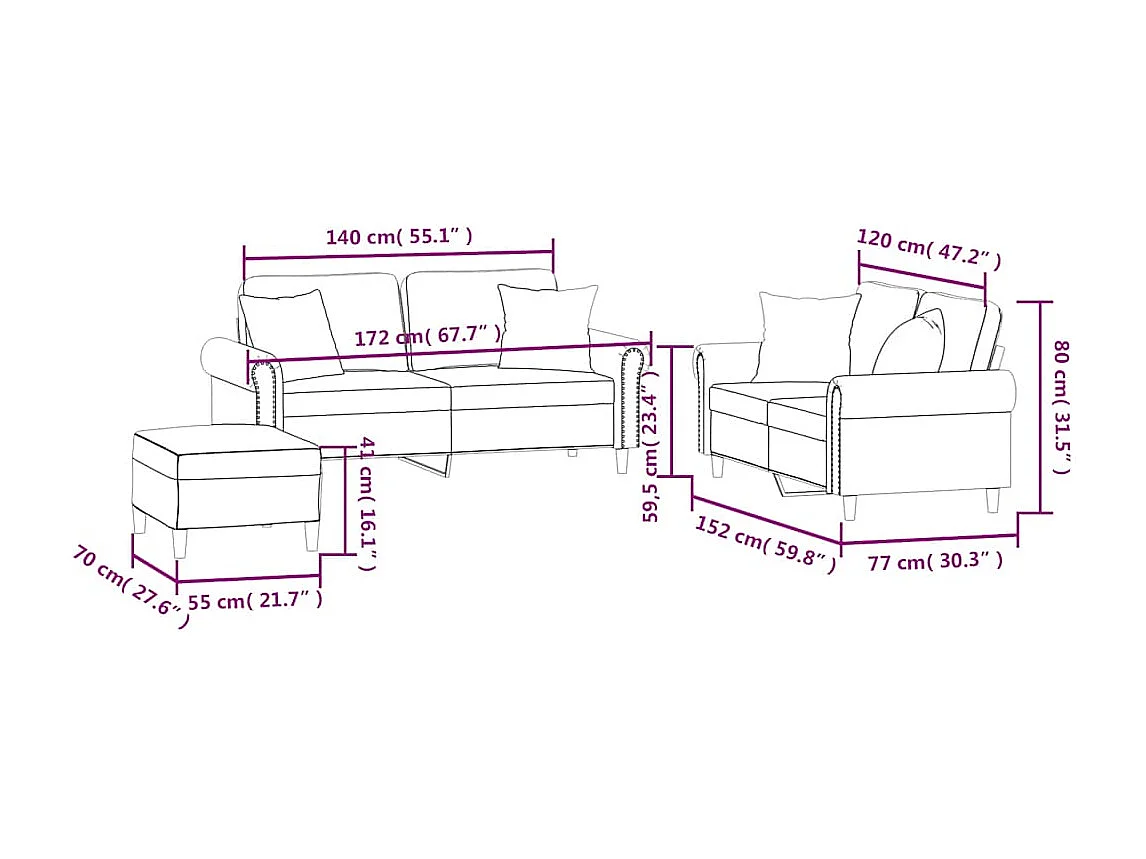 Ensemble de canapés 3 pcs avec coussins rouge bordeaux velours