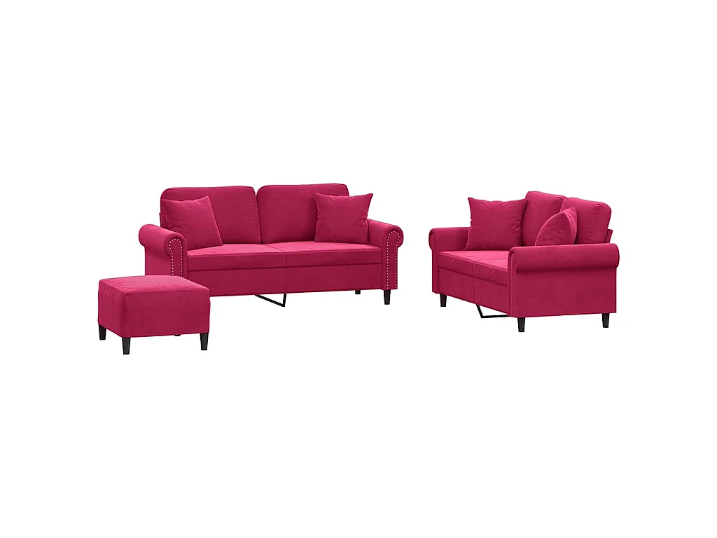 Set di Divani 3 pz con Cuscini Rosso Vino in Velluto