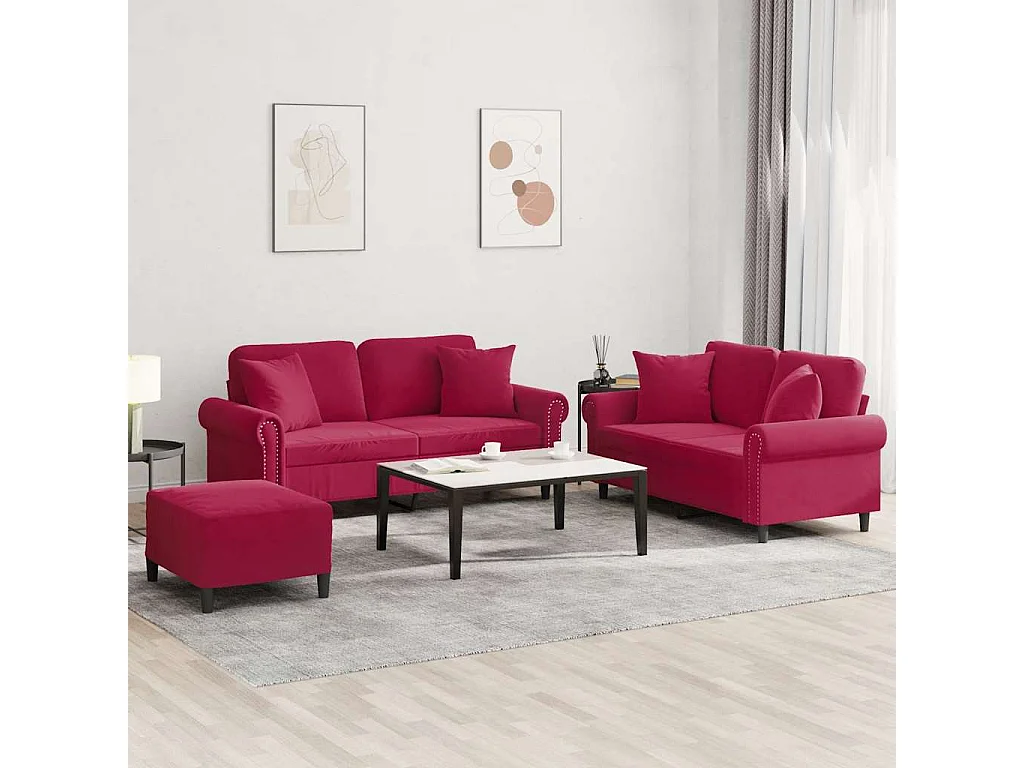 Set di Divani 3 pz con Cuscini Rosso Vino in Velluto