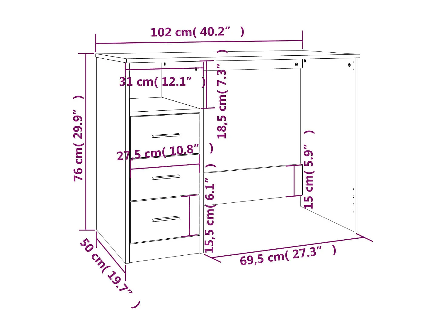 Bureau met lades 102x50x76 cm bewerkt hout gerookt eikenkleurig