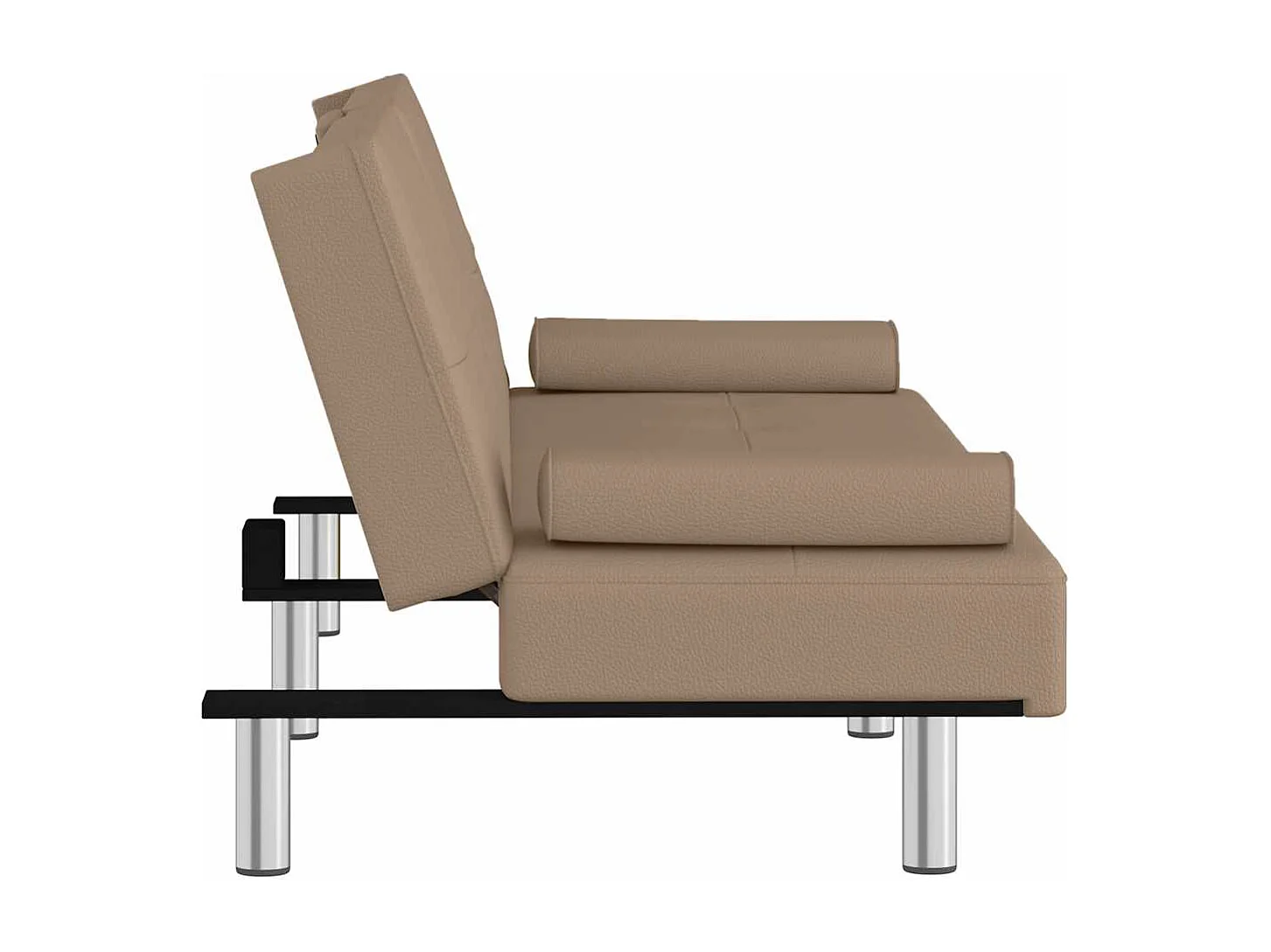 Kanapa rozkładana prosta cappuccino ze skóry ekologicznej z uchwytami na kubki, składanym stolikiem i wbudowanymi portami USB