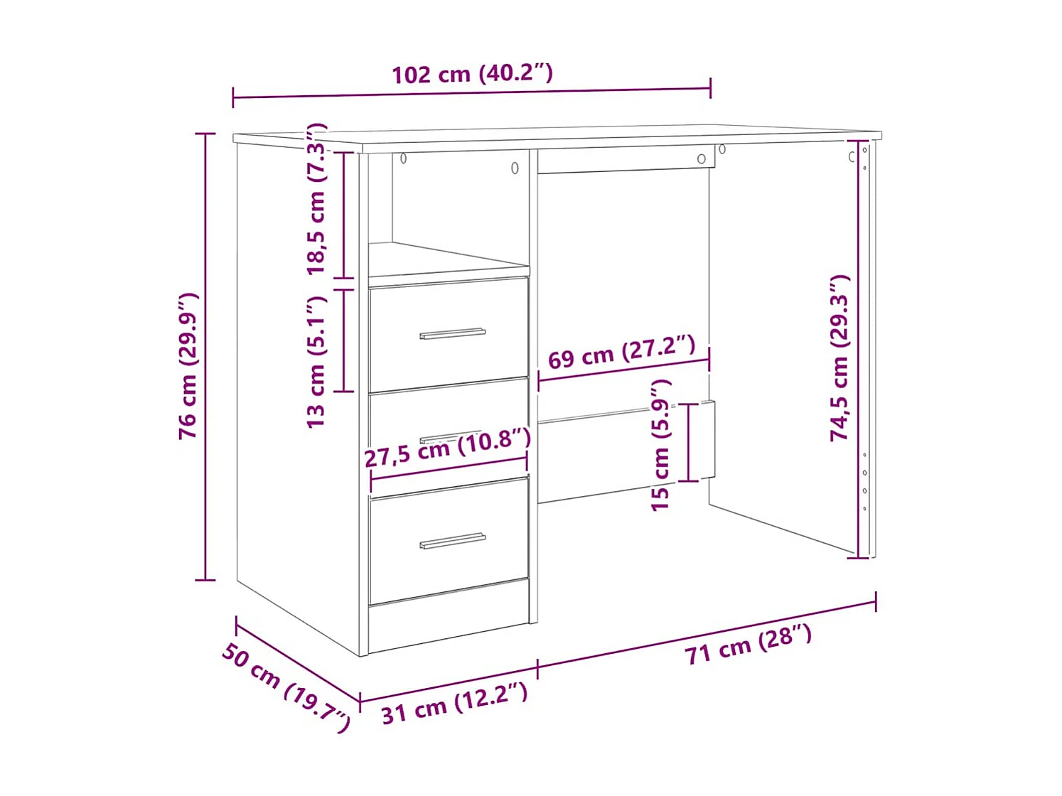 Bureau avec tiroirs Sonoma gris 102x50x76 cm Bois d'ingénierie