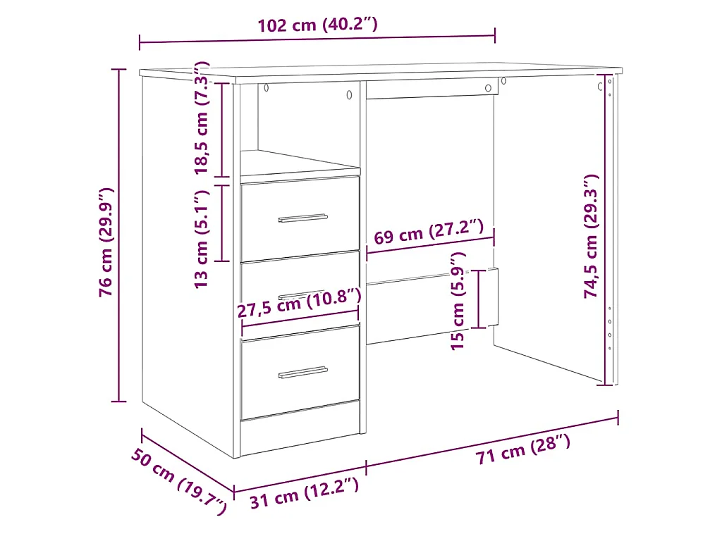Bureau met lades 102x50x76 cm bewerkt hout betongrijs