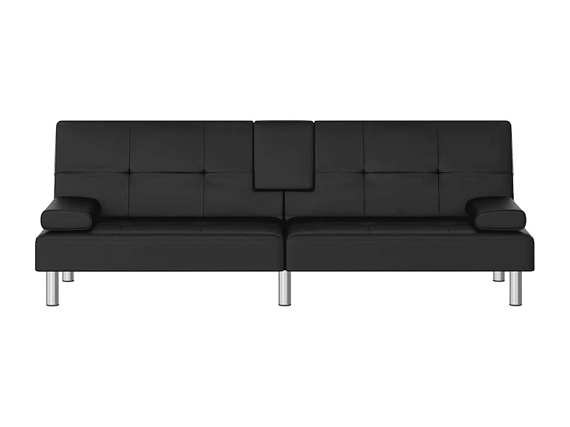 Czarna sofa rozkładana z ekoskóry z regulowanym oparciem, uchwytami na kubki i wbudowanymi portami USB