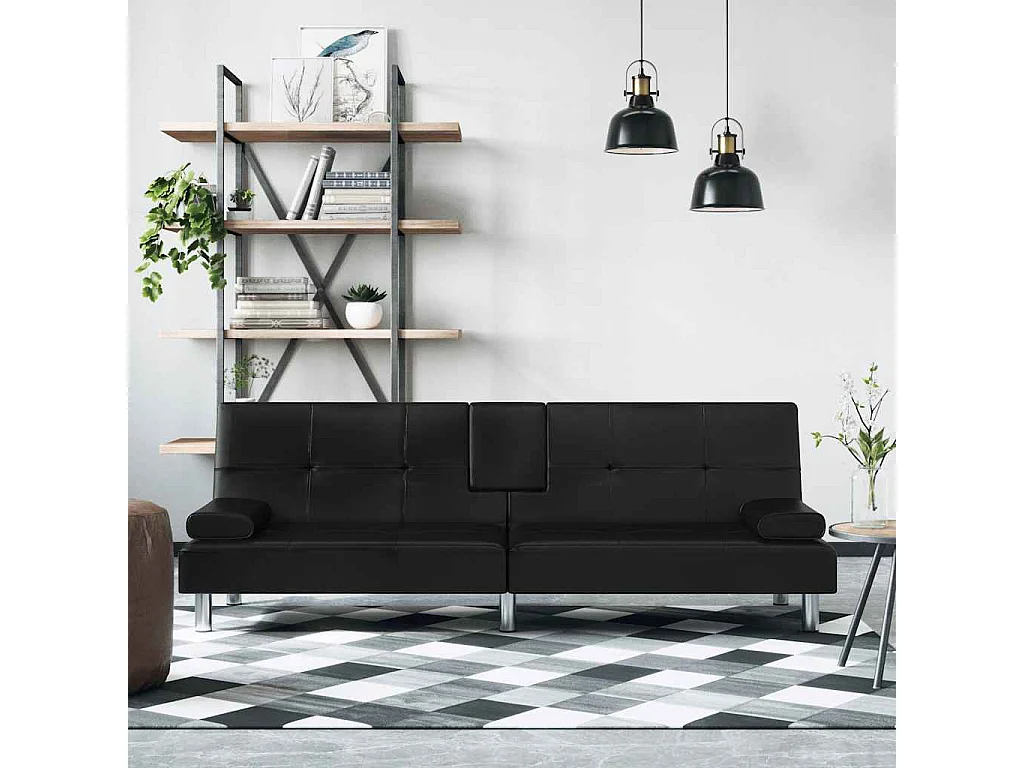Sofá-cama com suporte para copos couro artificial preto