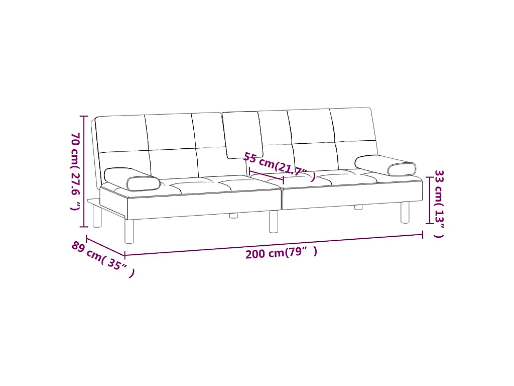 Sofá-cama com suporte para copos couro artificial preto