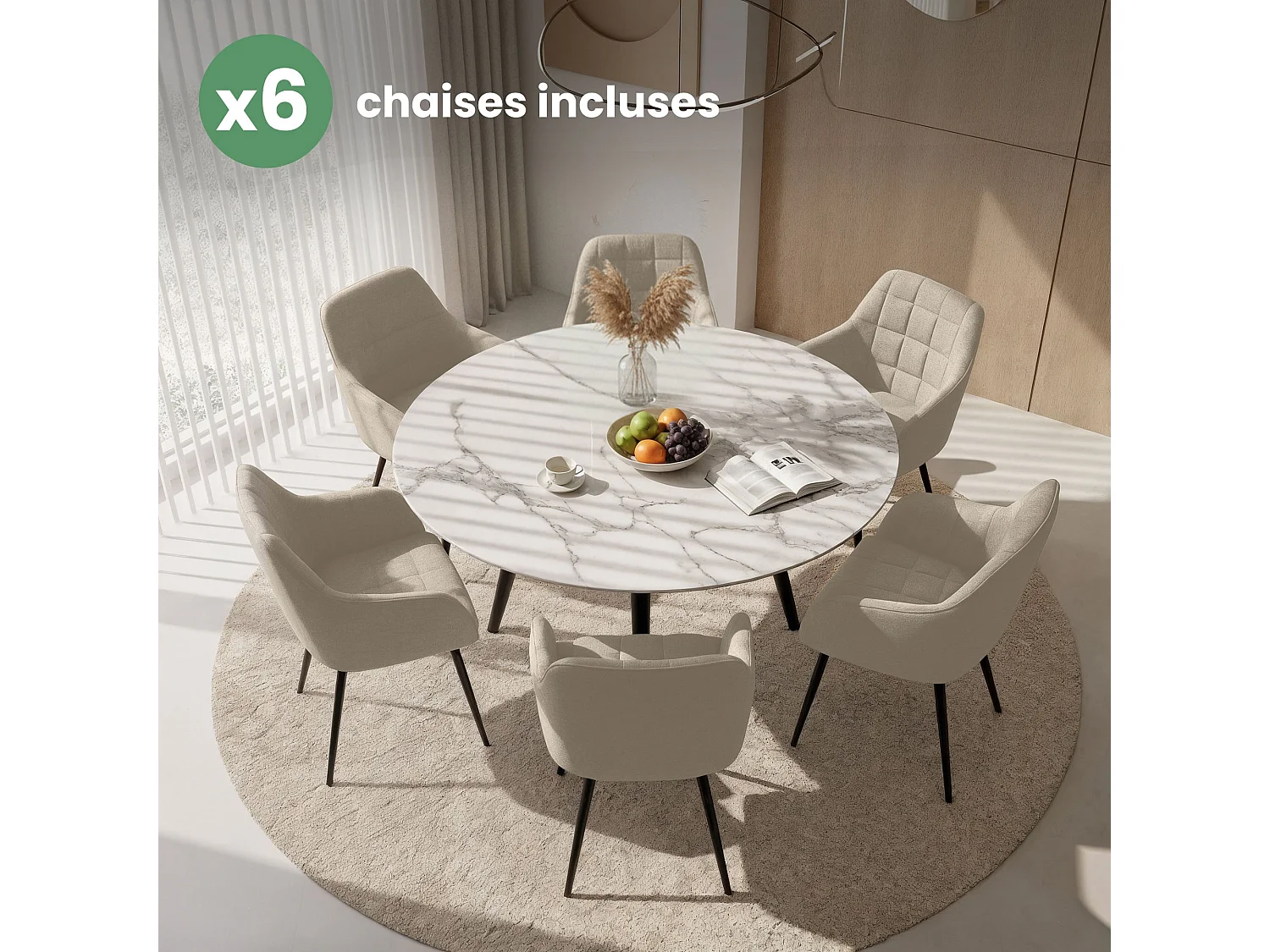 Juego de 6 sillas acolchadas LUXANO Beige patas negras tejido Lumos