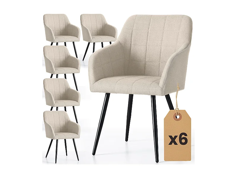 Juego de 6 sillas acolchadas LUXANO Beige patas negras tejido Lumos