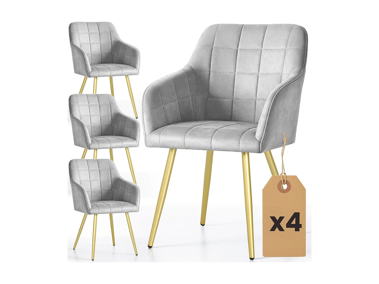 Set di 4 Sedie imbottite con cuciture quadrate LUXANO Grigio gambe oro