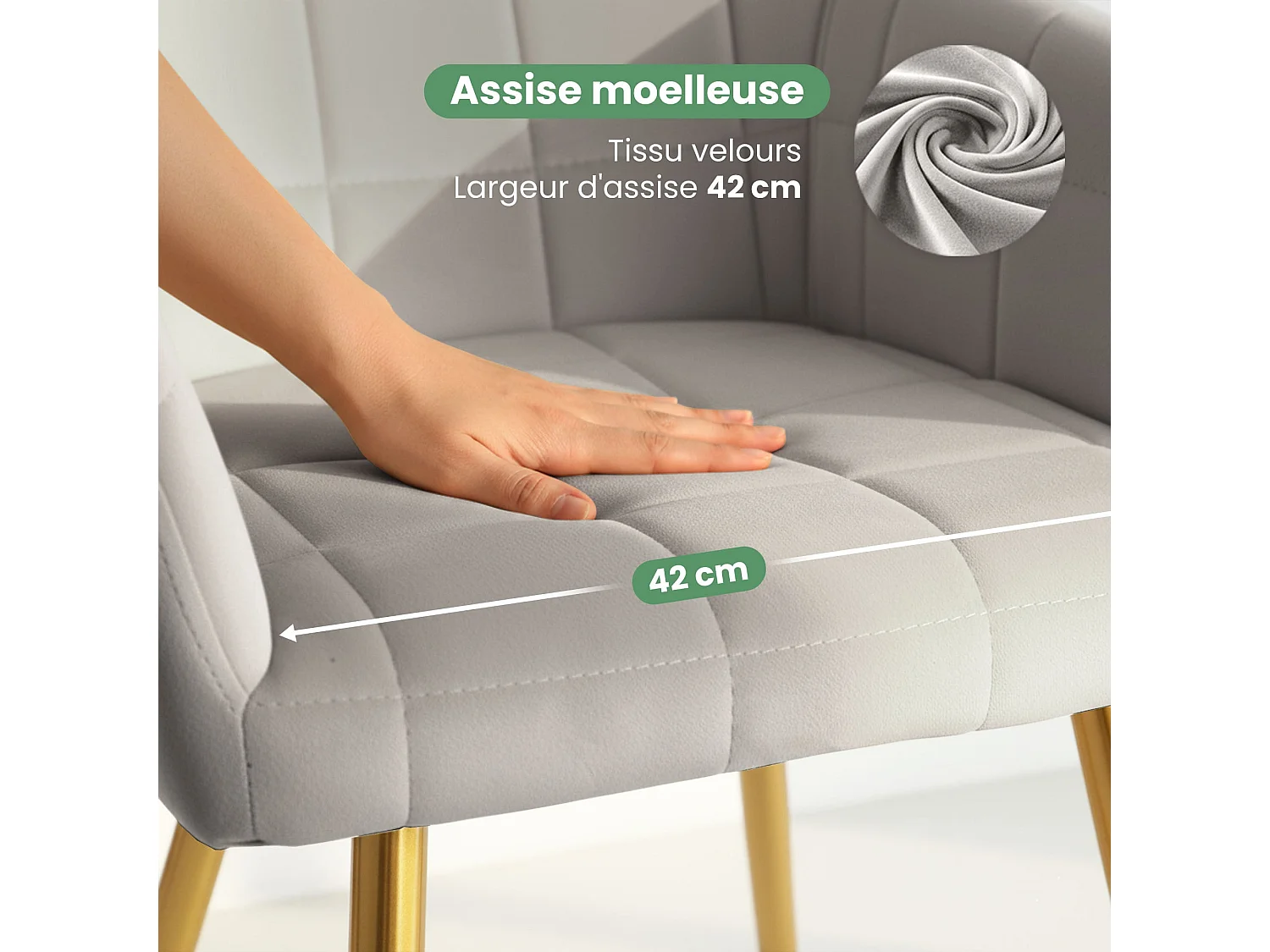 Set di 4 Sedie imbottite con cuciture quadrate LUXANO Grigio gambe oro
