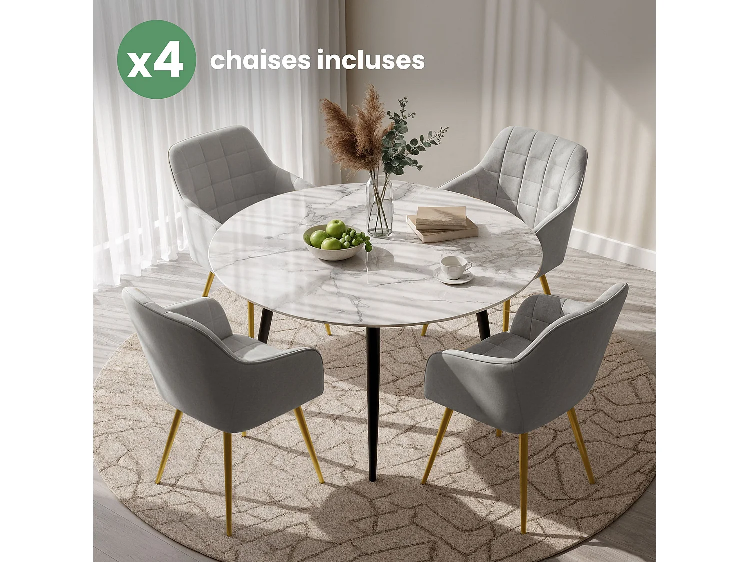 Set di 4 Sedie imbottite con cuciture quadrate LUXANO Grigio gambe oro