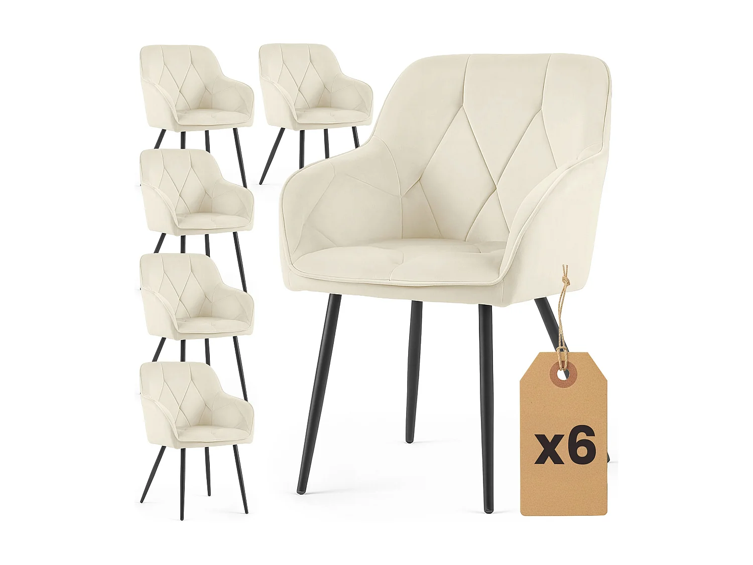 Set van 6 Eetkamerstoelen DIAMANTE met Armleuningen / Gestoffeerde Stoelen / Fluwelen Stoelen en Metalen Poten / Crème kleur met zwarte benen