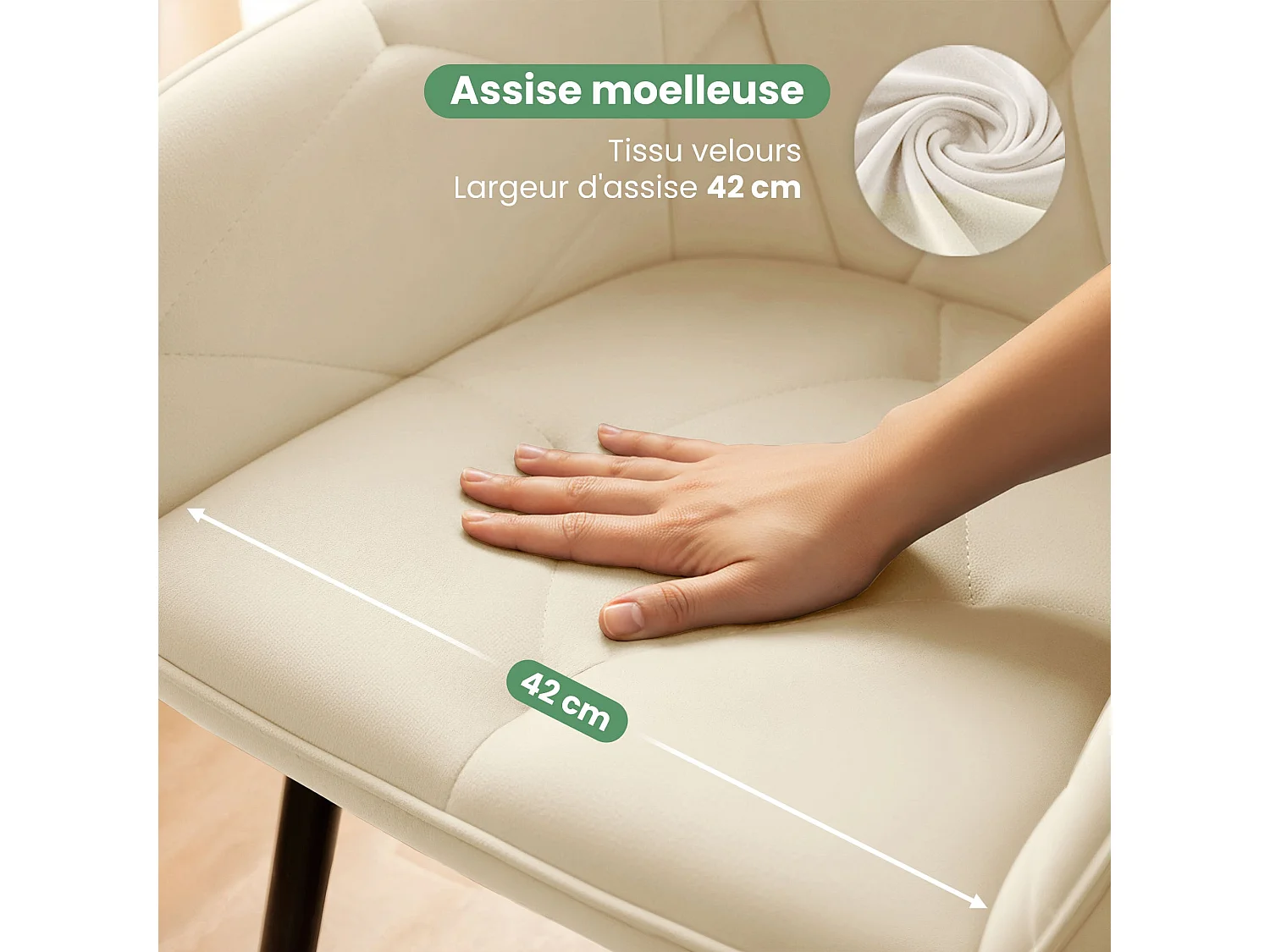 Set van 6 Eetkamerstoelen DIAMANTE met Armleuningen / Gestoffeerde Stoelen / Fluwelen Stoelen en Metalen Poten / Crème kleur met zwarte benen