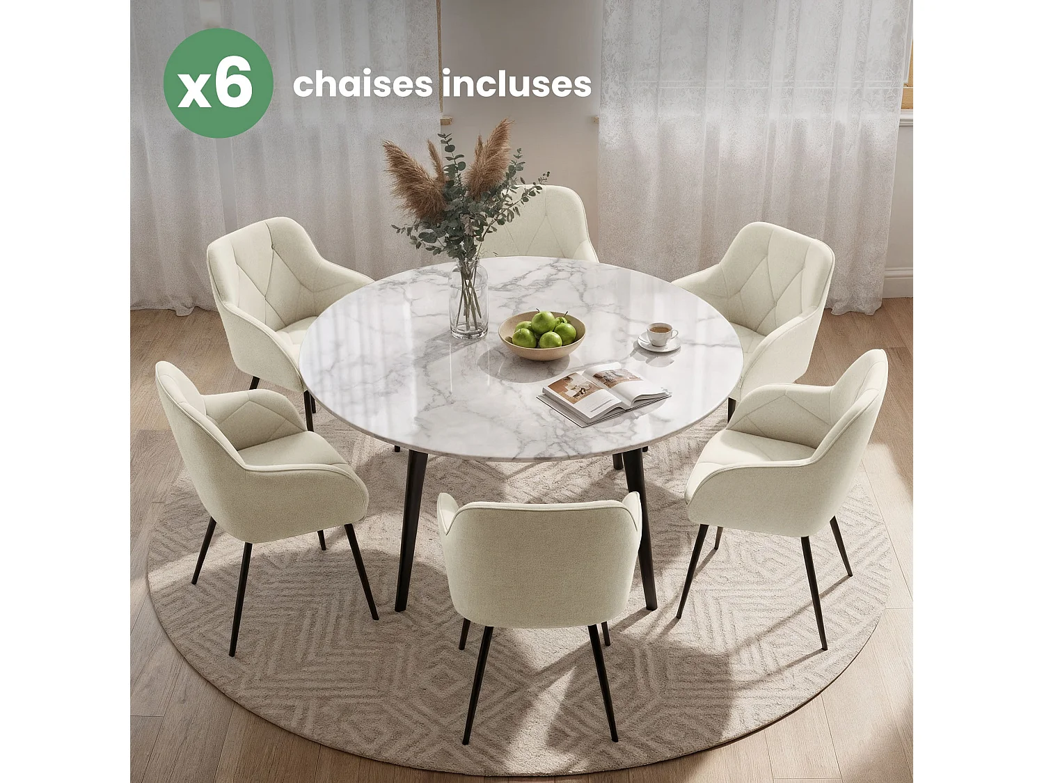 Set van 6 Eetkamerstoelen DIAMANTE met Armleuningen / Gestoffeerde Stoelen / Fluwelen Stoelen en Metalen Poten / Crème kleur met zwarte benen