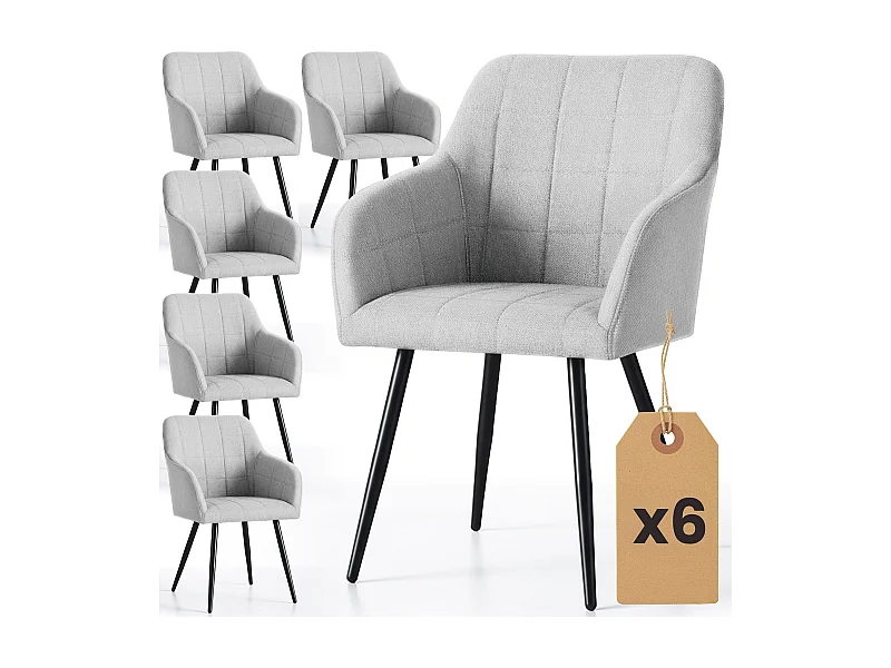 Lot de 6 Chaises rembourrées à surpiqûres carrées LUXANO Gris Clair pieds noirs tissu Lumos
