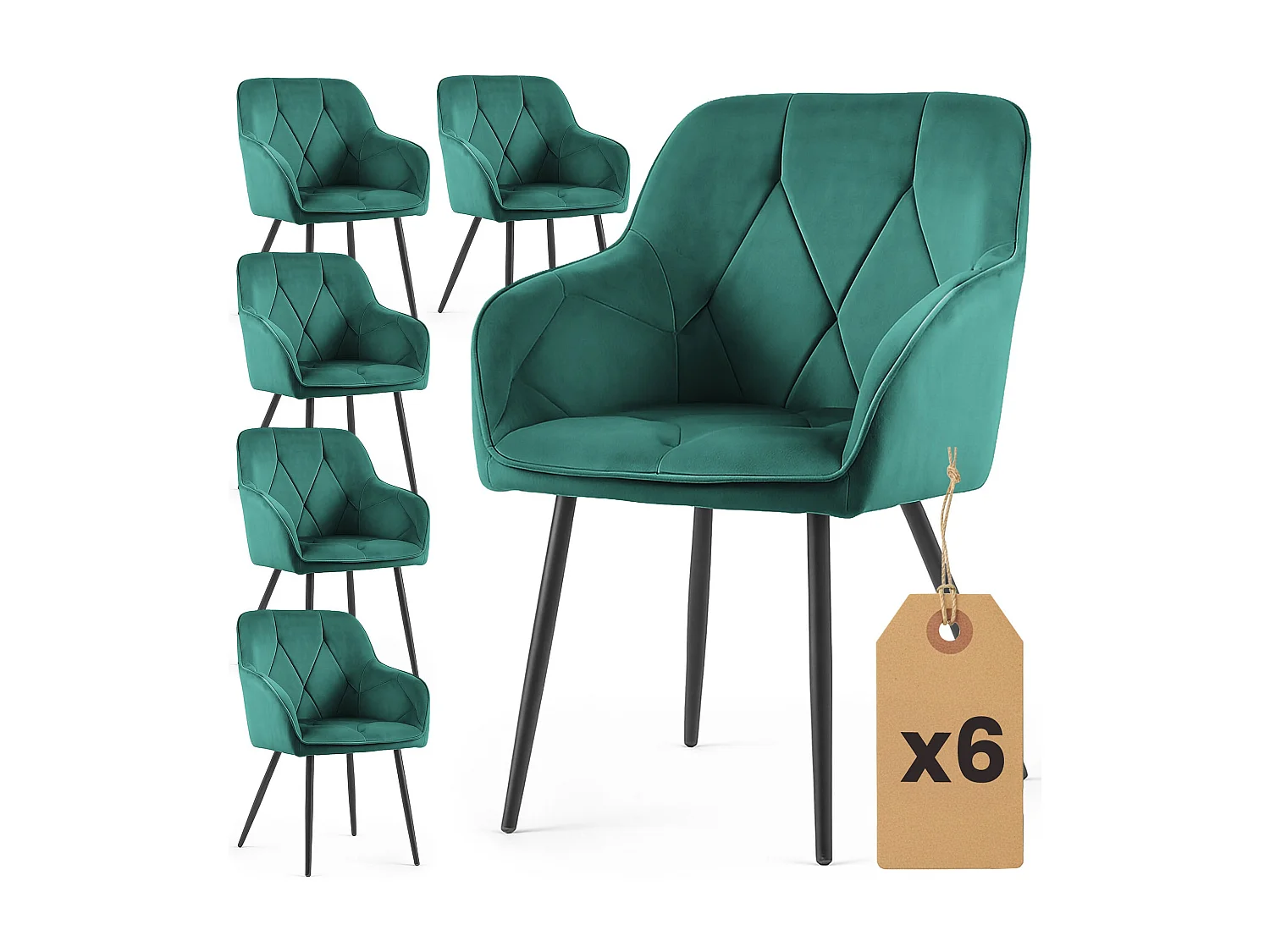 Set van 6 Eetkamerstoelen DIAMANTE met Armleuningen / Gestoffeerde Stoelen / Fluwelen Stoelen en Metalen Poten / Flesgroen met zwarte benen