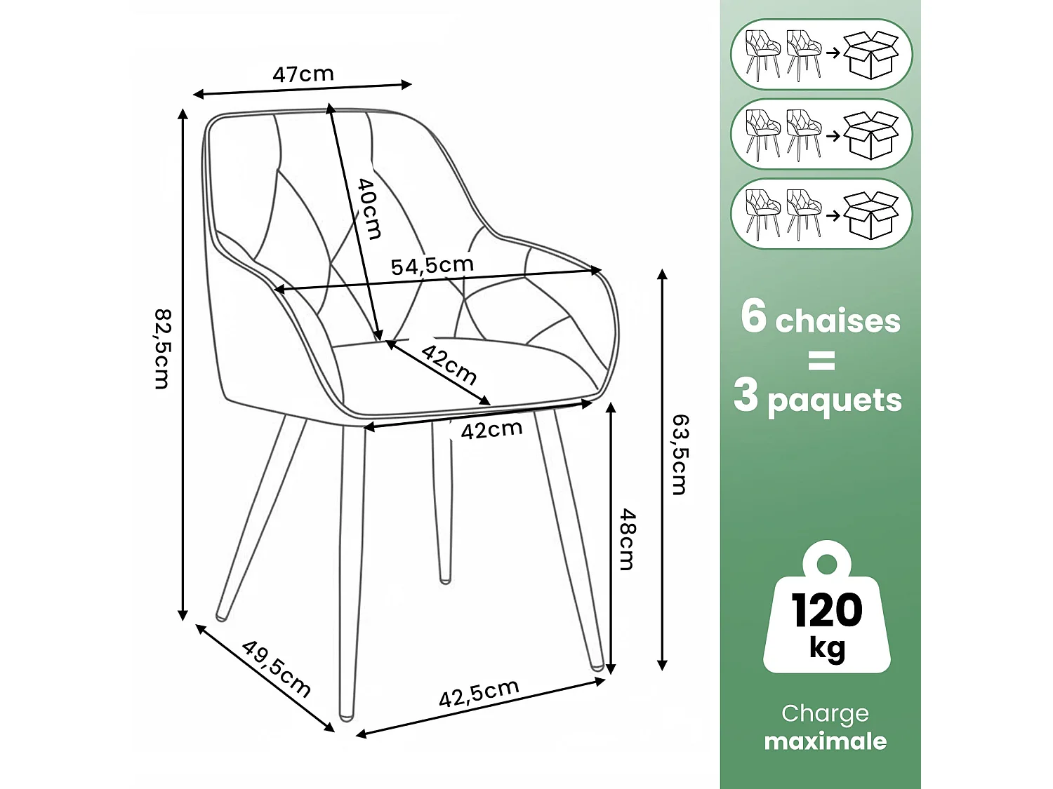 Set van 6 Eetkamerstoelen DIAMANTE met Armleuningen / Gestoffeerde Stoelen / Fluwelen Stoelen en Metalen Poten / Flesgroen met zwarte benen