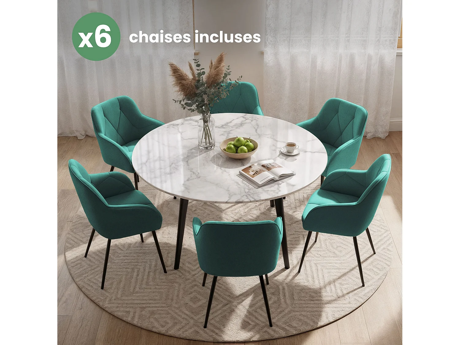 Set van 6 Eetkamerstoelen DIAMANTE met Armleuningen / Gestoffeerde Stoelen / Fluwelen Stoelen en Metalen Poten / Flesgroen met zwarte benen