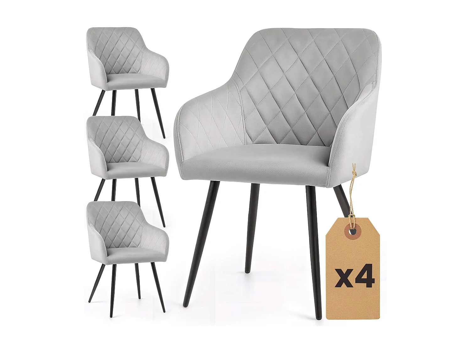 4x Welurowe krzesło tapicerowane pikowane w romby Szare VELTO Czarne nogi