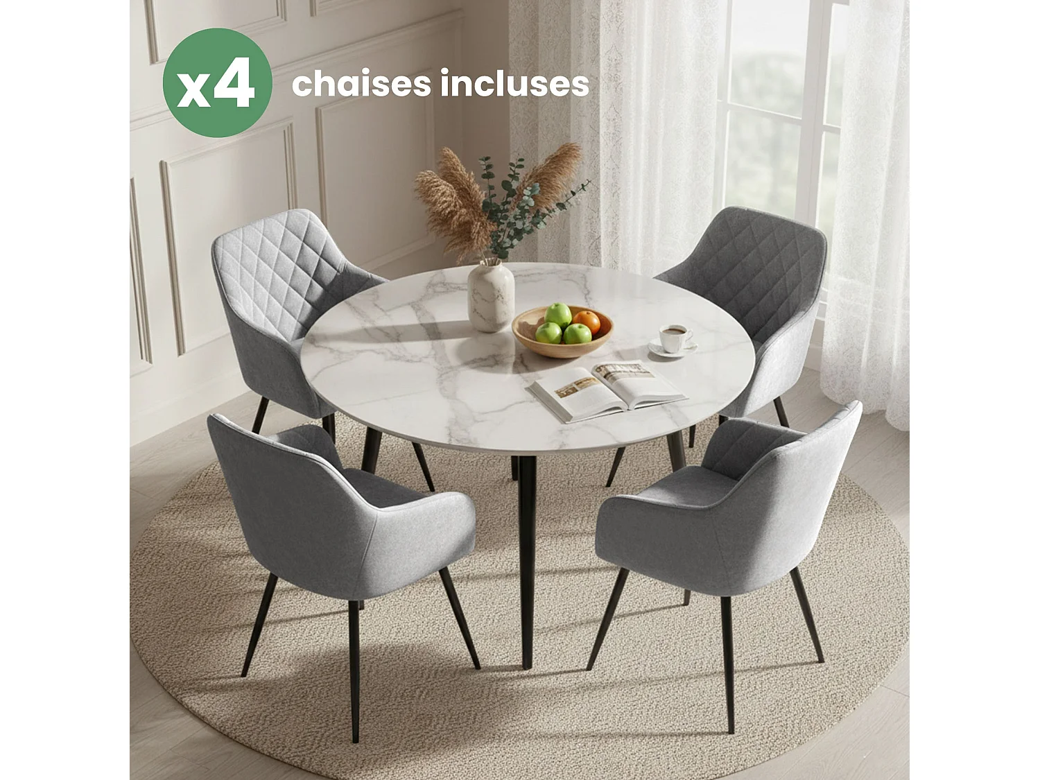 4x Welurowe krzesło tapicerowane pikowane w romby Szare VELTO Czarne nogi