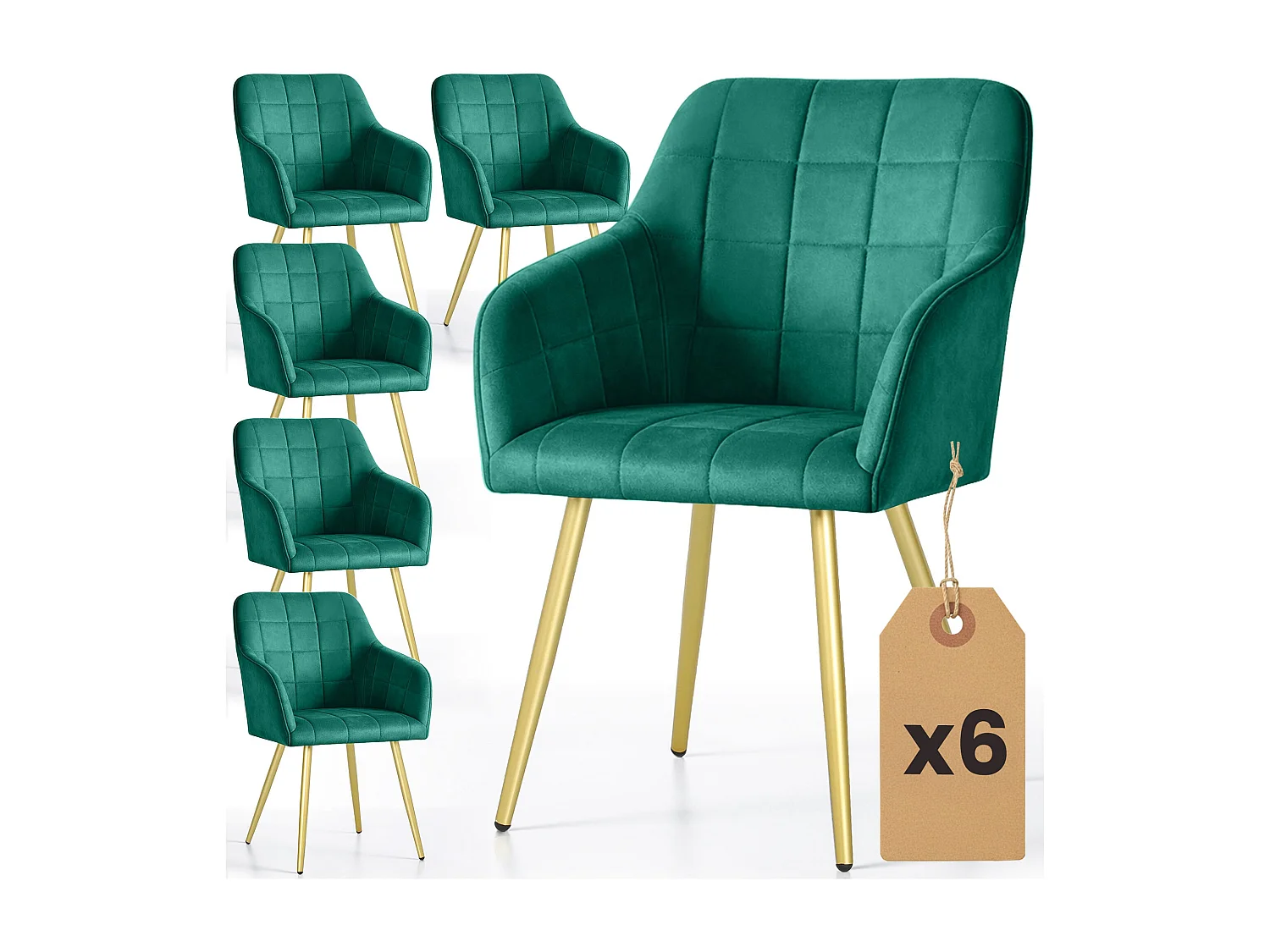 Set di 6 Sedie imbottite con cuciture quadrate LUXANO Verde Bottiglia gambe oro