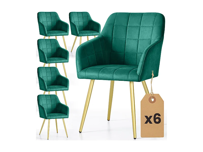 6x Krzesło tapicerowane z przeszyciami kwadratowymi Butelkowa Zieleń LUXANO Złote nogi