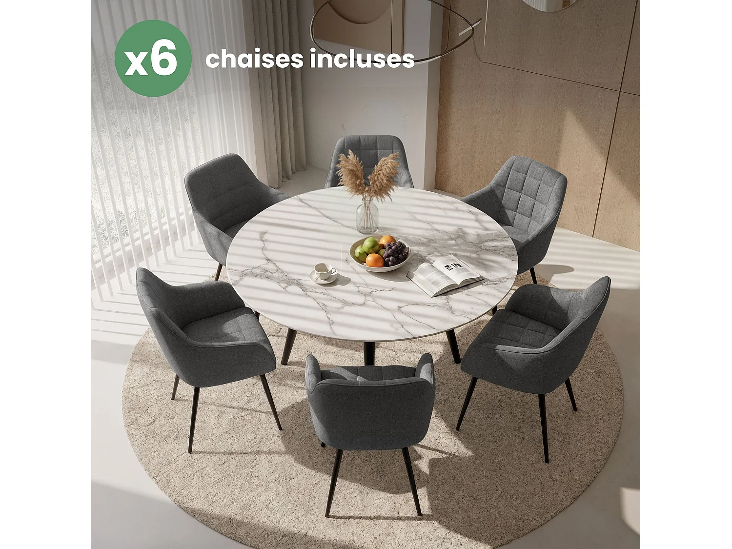 Juego de 6 sillas acolchadas LUXANO Grafito patas negras tejido Lumos