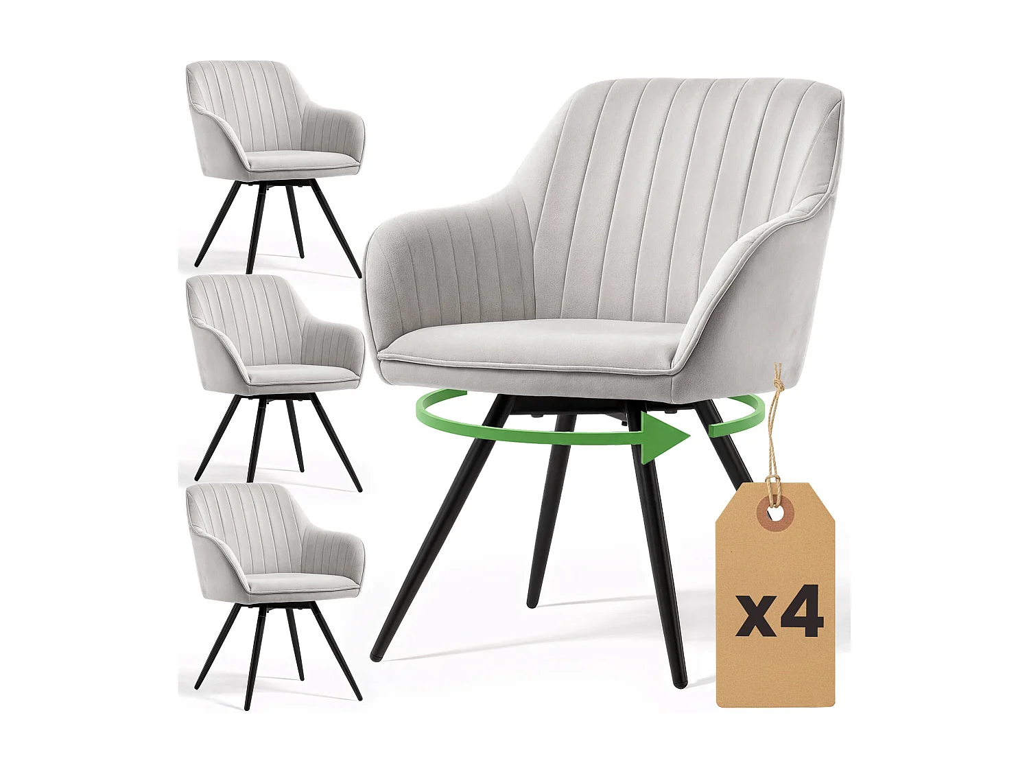4er Set Drehbare Veloursstühle mit Ziernähten TURNO Grau mit schwarzen Beinen