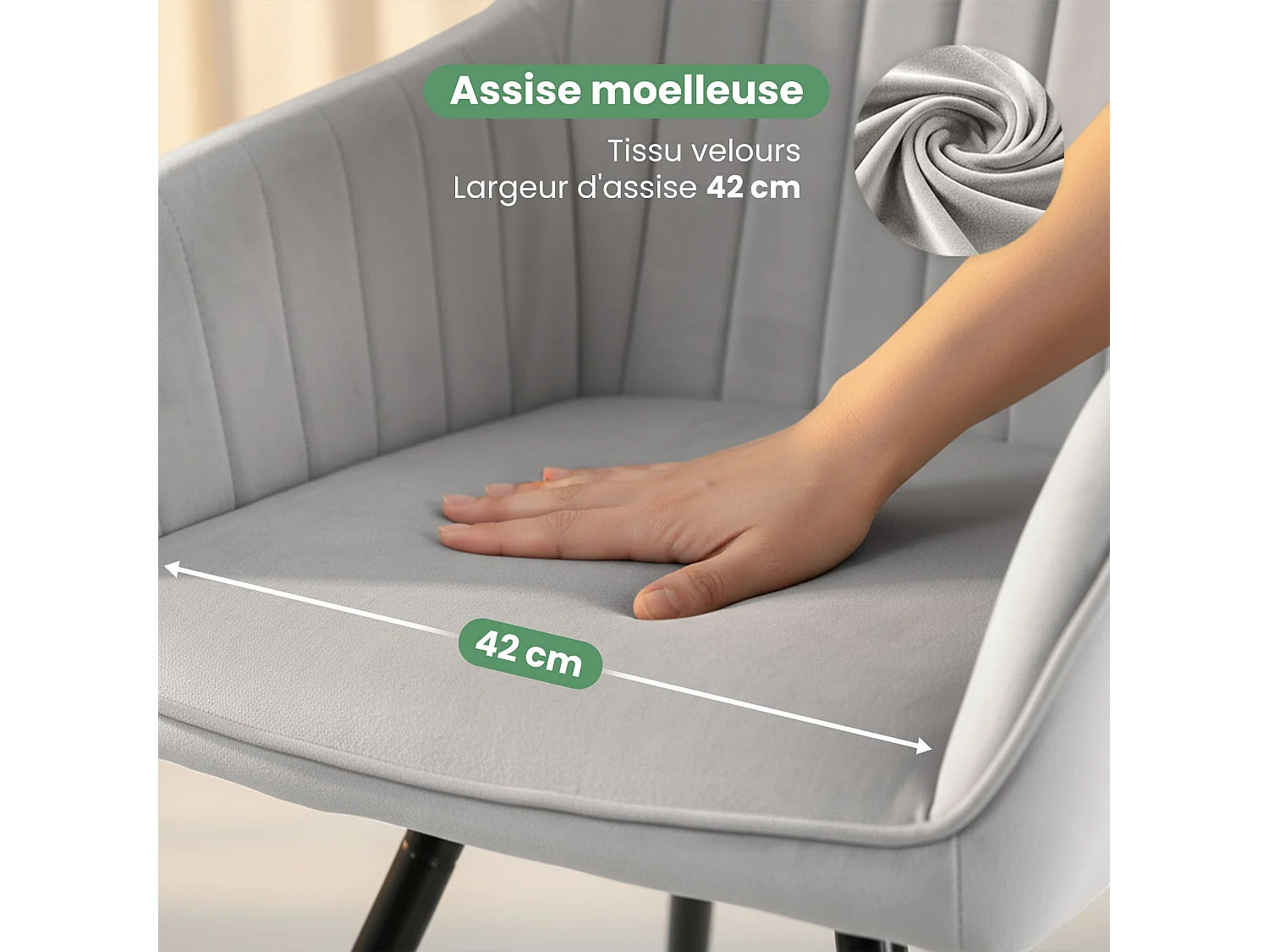 4er Set Drehbare Veloursstühle mit Ziernähten TURNO Grau mit schwarzen Beinen